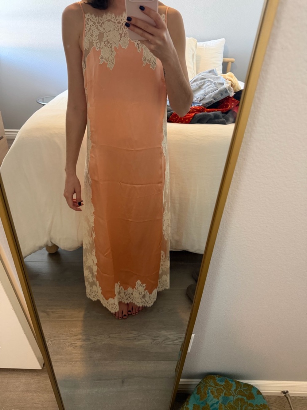 Doen Peach Slip Maxi Dress with Ivory Lace Trim
